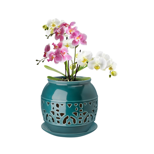 Ceramic Orchid Planter with Drainage Tray for Indoor Decor